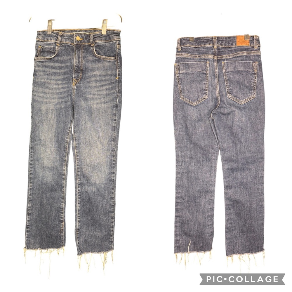 Zara High Rise Straight Leg Cropped Raw Hem Jeans